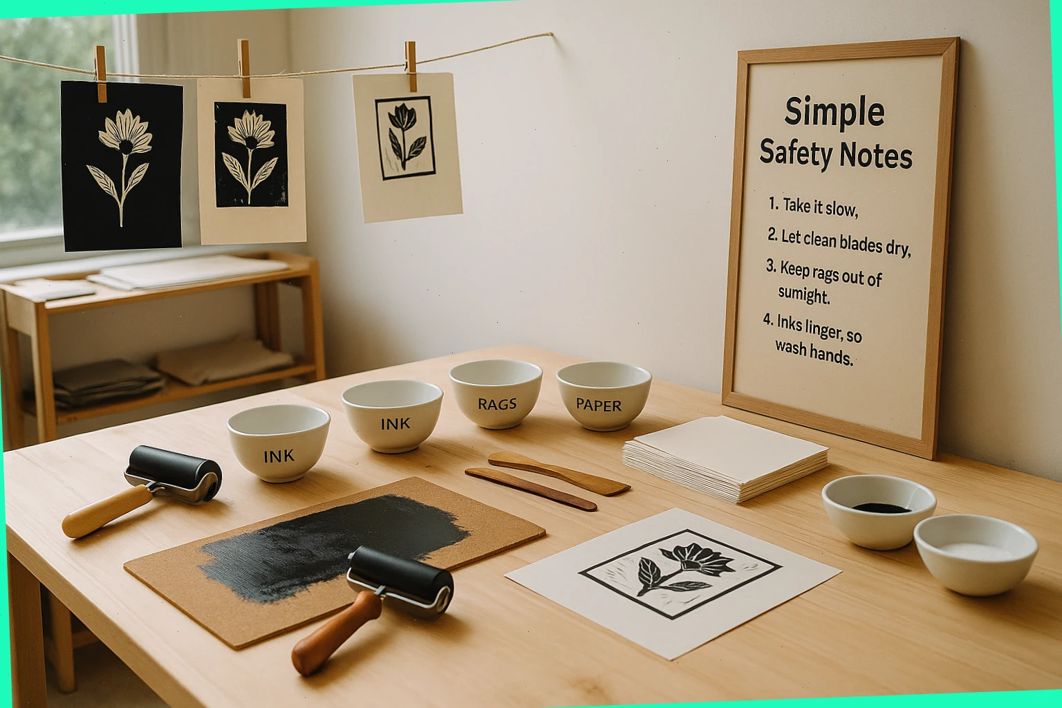 Print table with brayers, ink, drying line, and simple safety notes