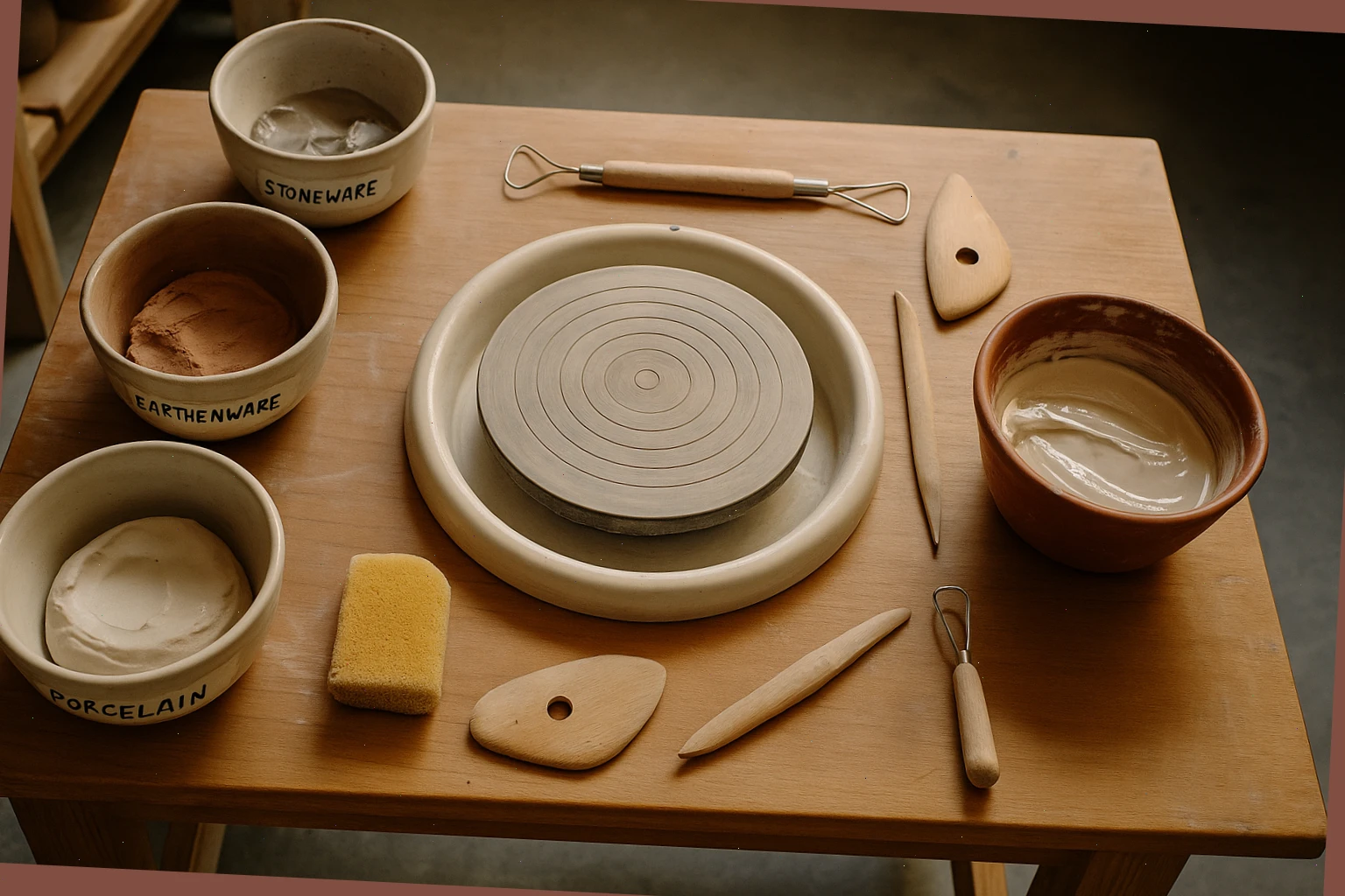 Beginner pottery setup with simple tools and labelled bowls