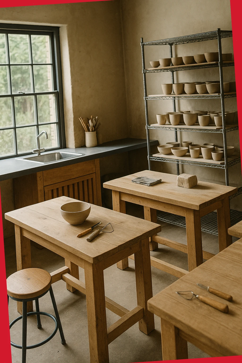 Compact studio plan with benches, wash-up, and drying racks